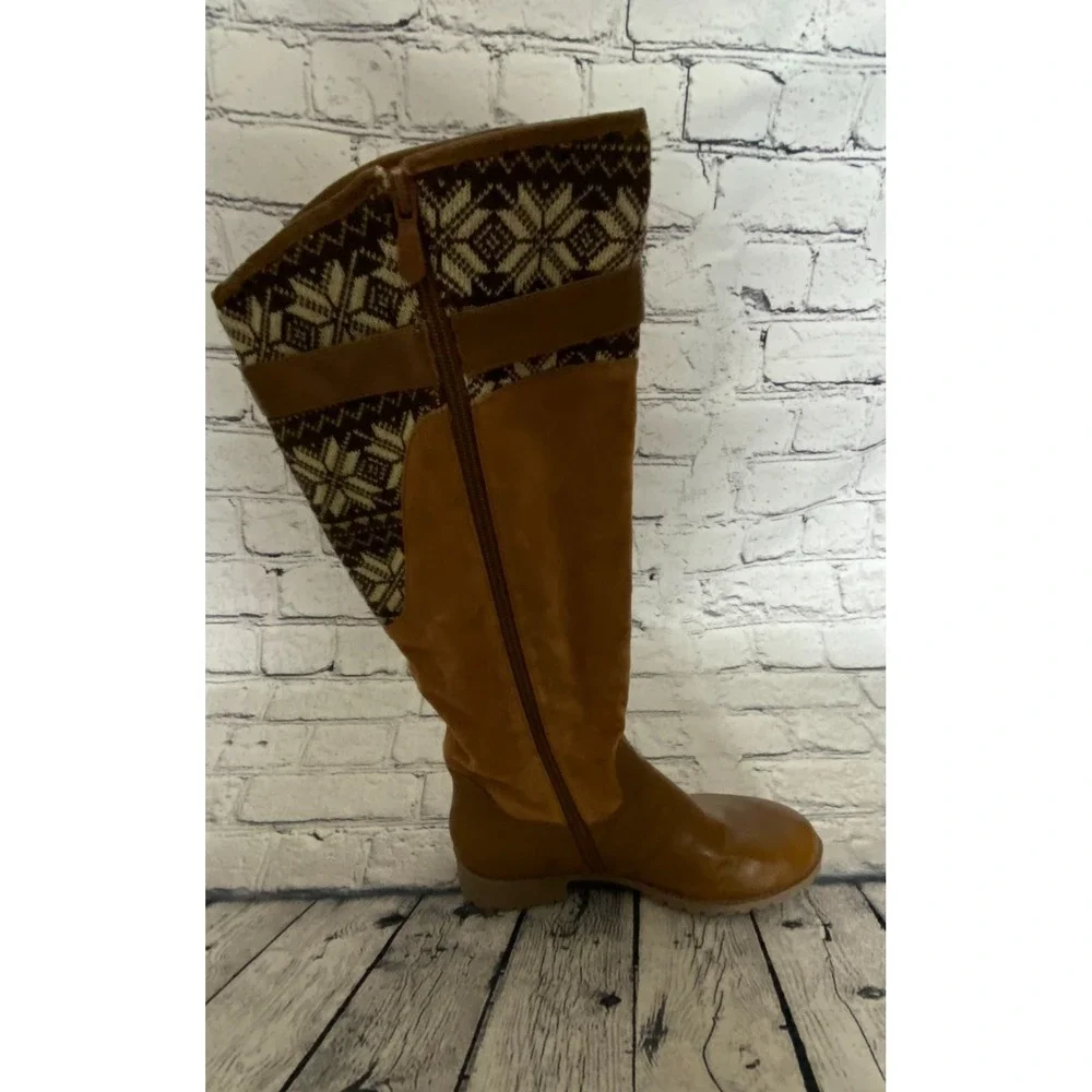 Womens‎ Knee High Boots EU 37 US 6.5 Brown Fair Isle Side Zip Faux Suede Riding